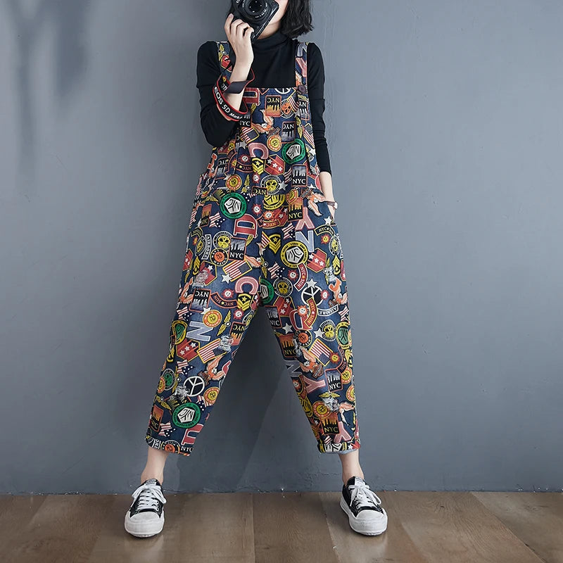 Nova Dames Cartoon Print Denim Jumpsuit voor Speelse Stijlvolle Vrouwen