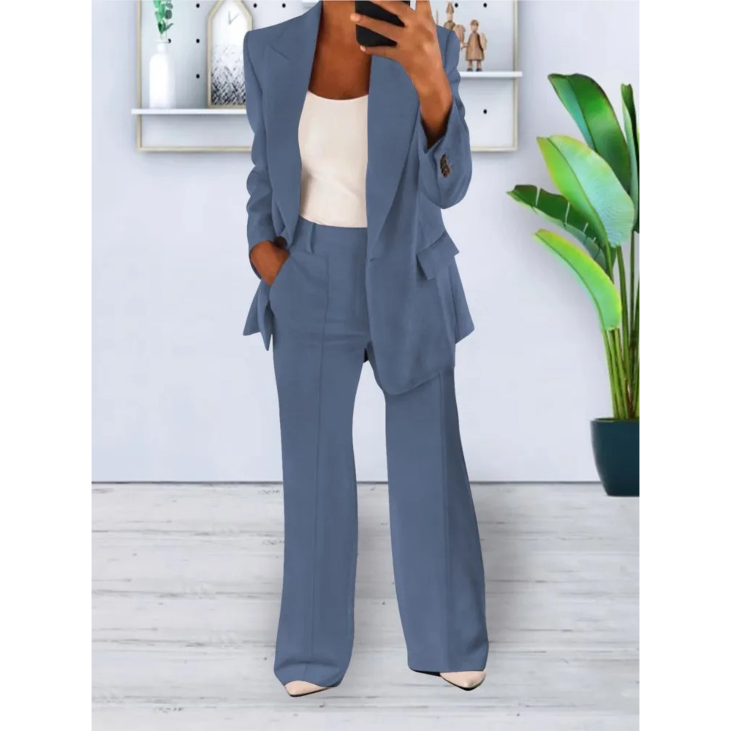 VELANORA loose fit effen kleur casual zak blazer en broek set