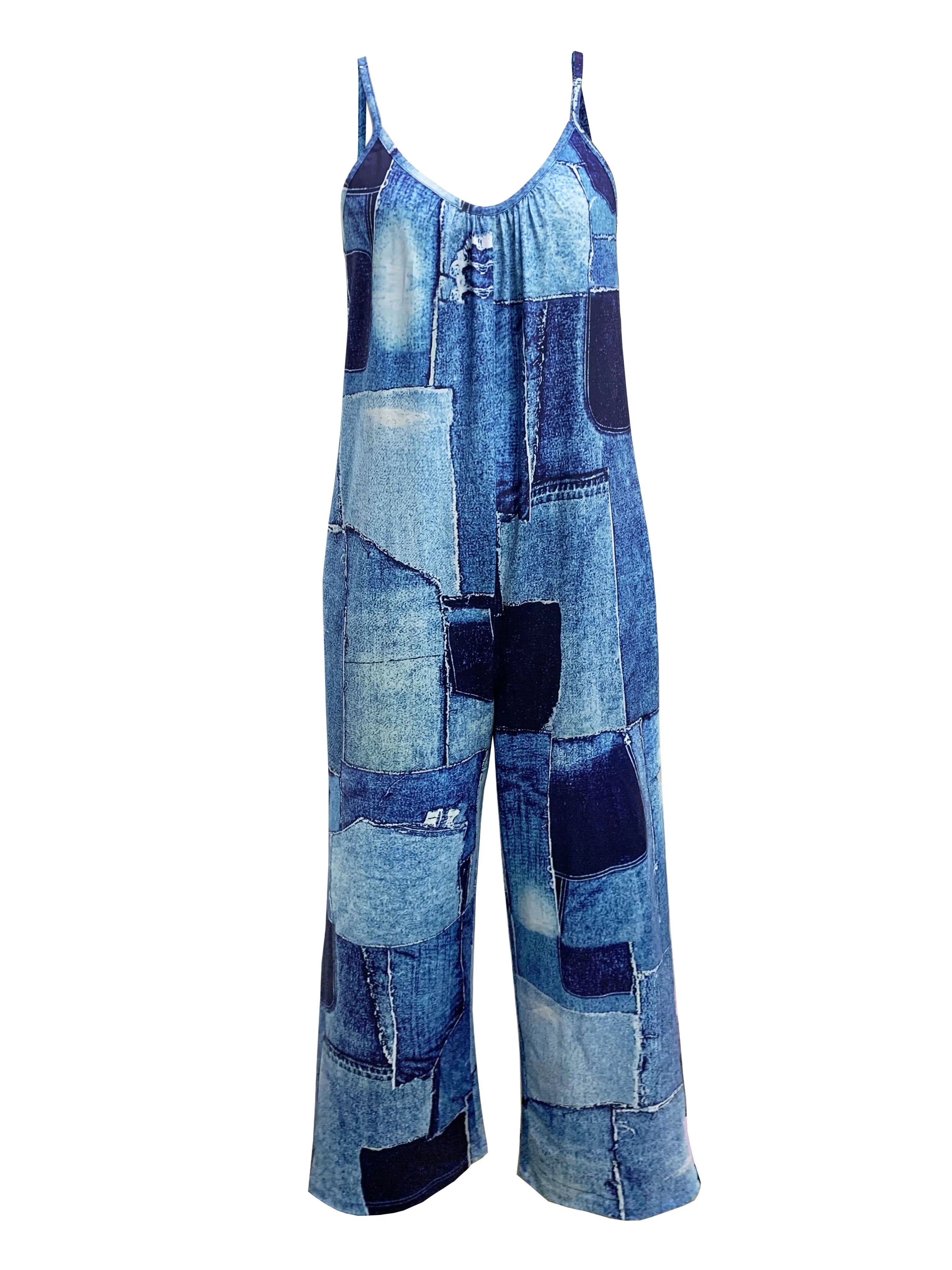 Denimprint Jumpsuit met Wijde Pijpen