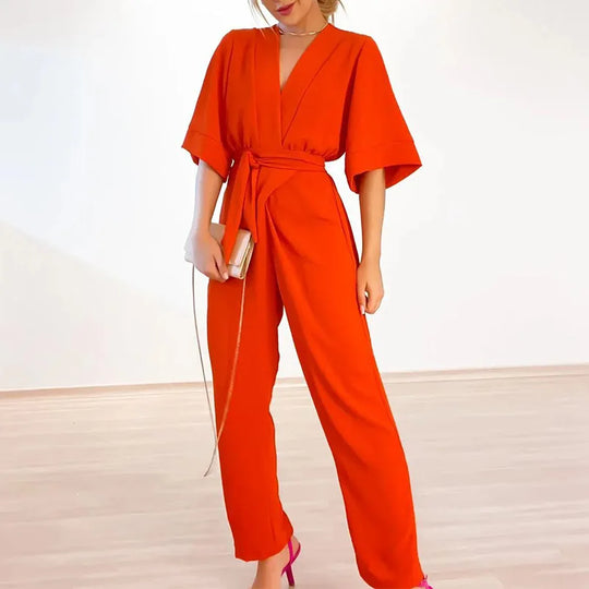 Effen jumpsuit met V-hals en korte mouwen