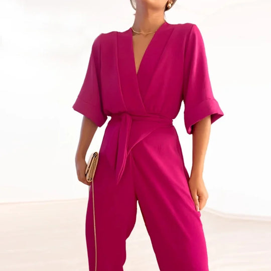 Effen jumpsuit met V-hals en korte mouwen