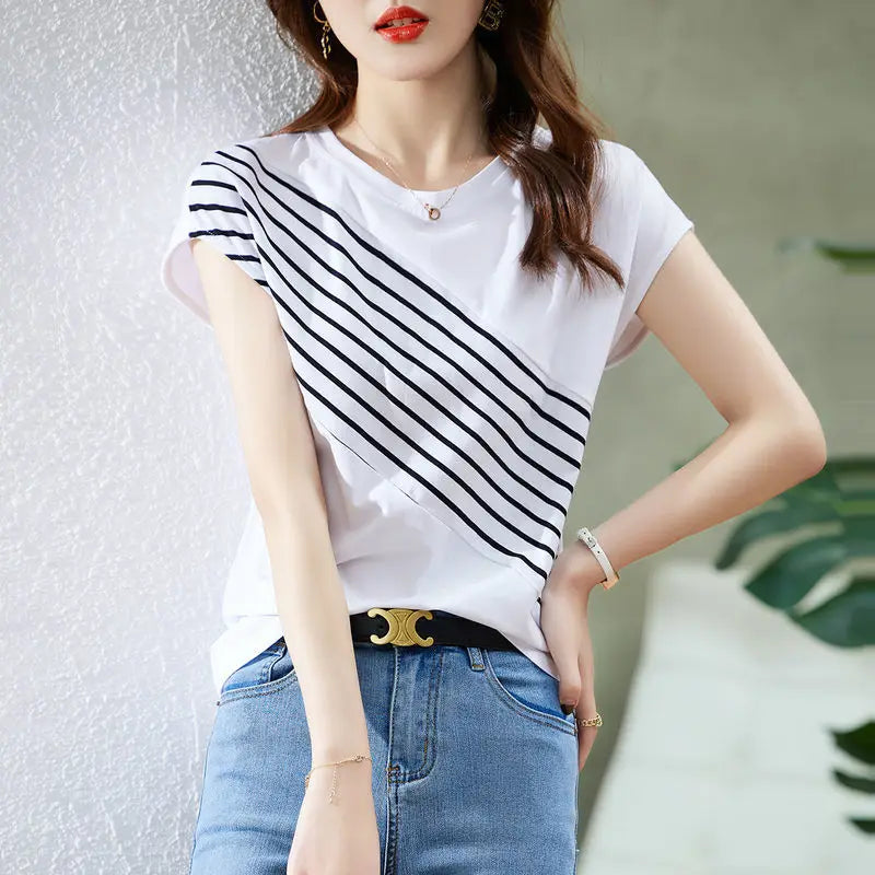 Zomerse Gedrukte Gespleten Vleermuismouw Gestreepte Blouse - Losse Koreaanse Shirt