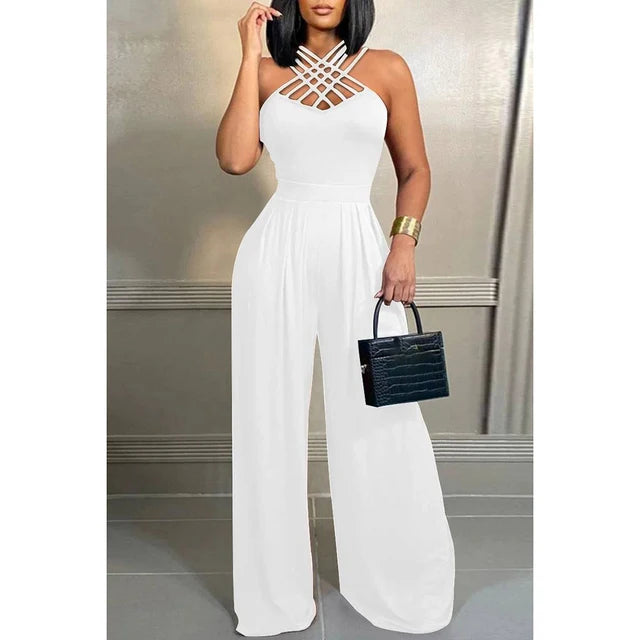 Belle Plus Size Witte Dagelijkse Hollow Out V-hals Strappy Mouwloze Jumpsuit