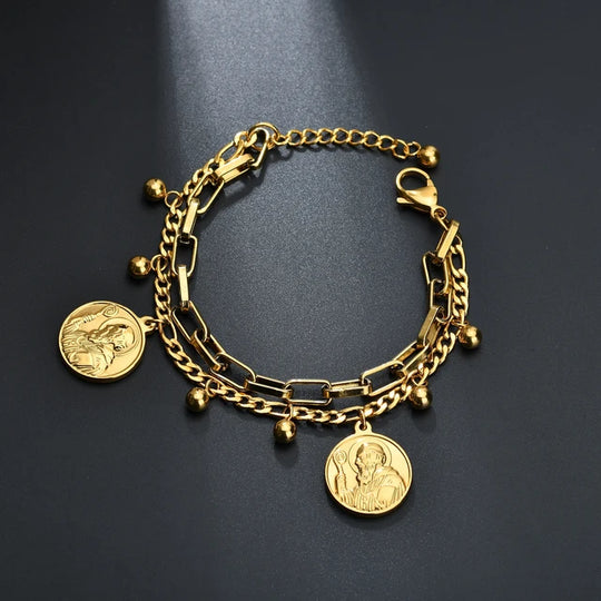 Divine Treasures Dubbele Laag Religieuze Cross Jezus Maagd Maria Armband