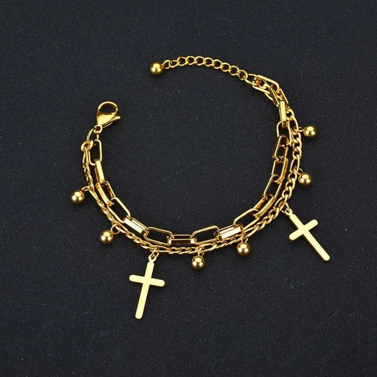 Divine Treasures Dubbele Laag Religieuze Cross Jezus Maagd Maria Armband