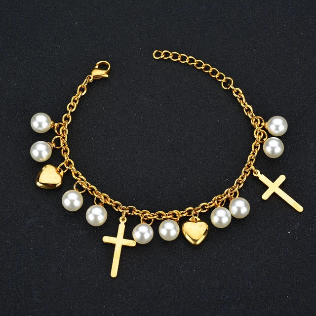 Divine Treasures Dubbele Laag Religieuze Cross Jezus Maagd Maria Armband